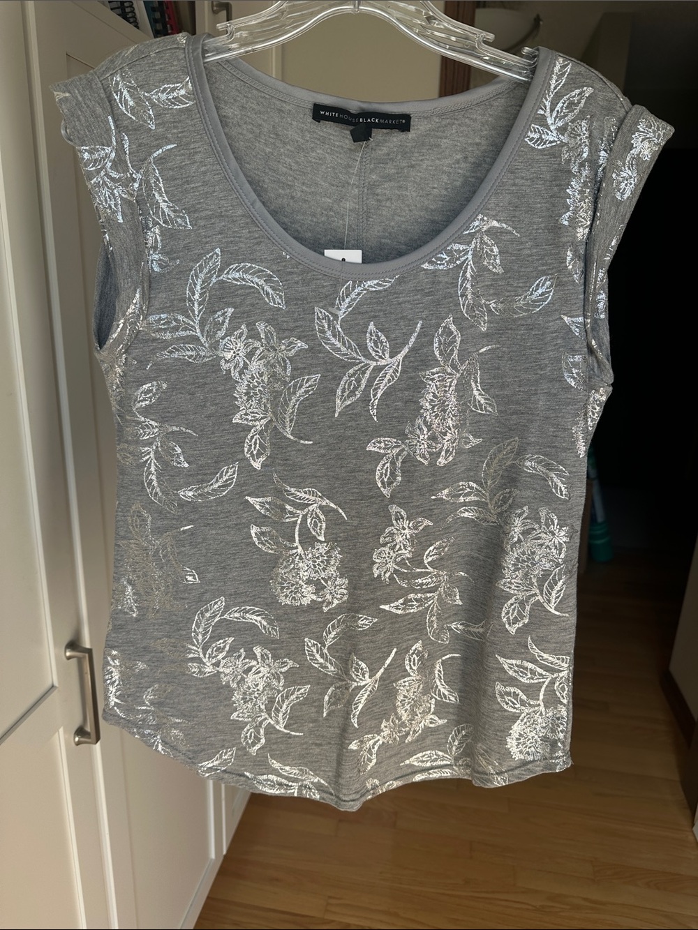 White House Black Market Silver Foil Floral Gray Tank